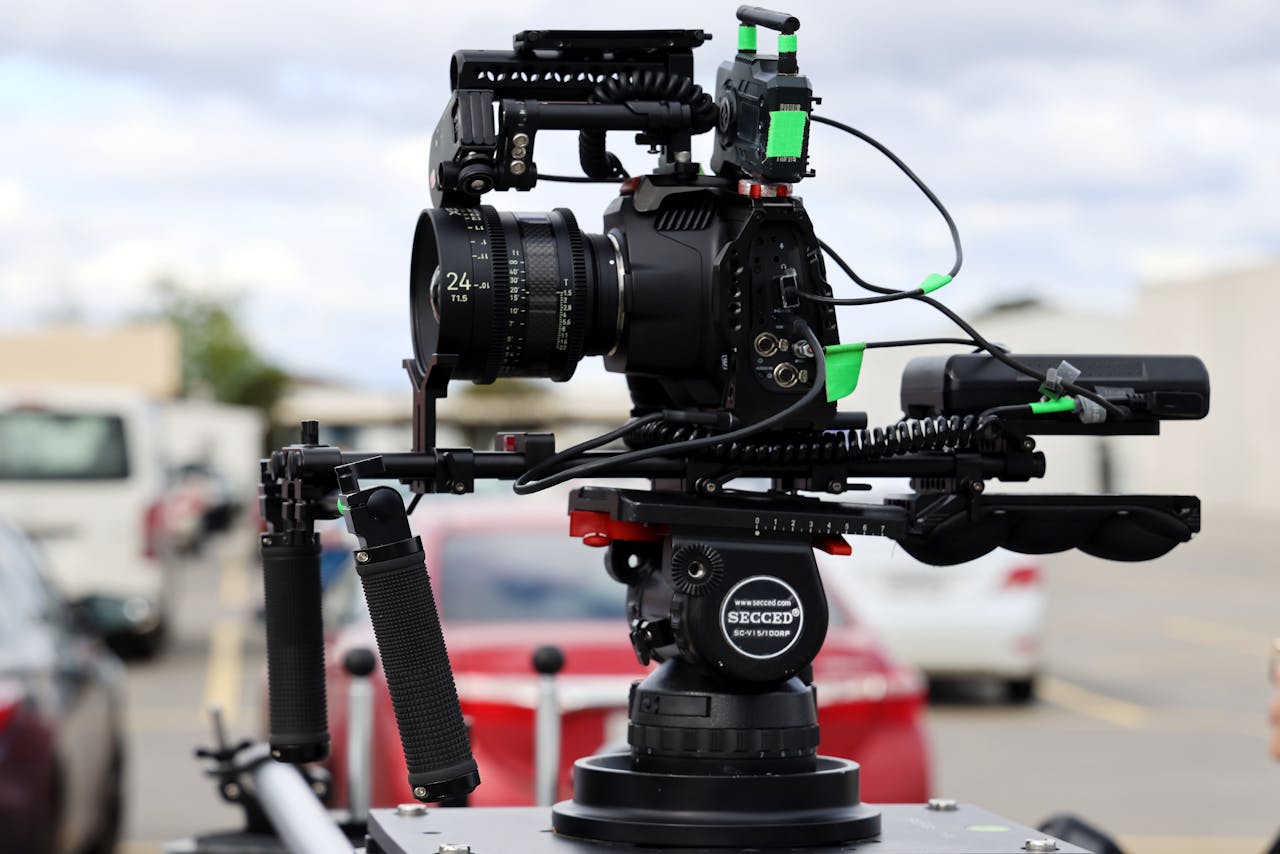 Close-up of a professional camera rig on a film set in Melbourne outdoors.